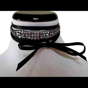 Fallon Black Monarch 100 Stone Clear Crystal Leather Wrap Choker Necklace